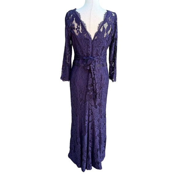 Adrianna Papell Womens Glam Purple Illusion Lace Beaded Waist Long Sleeve Gown - Picture 6 of 15